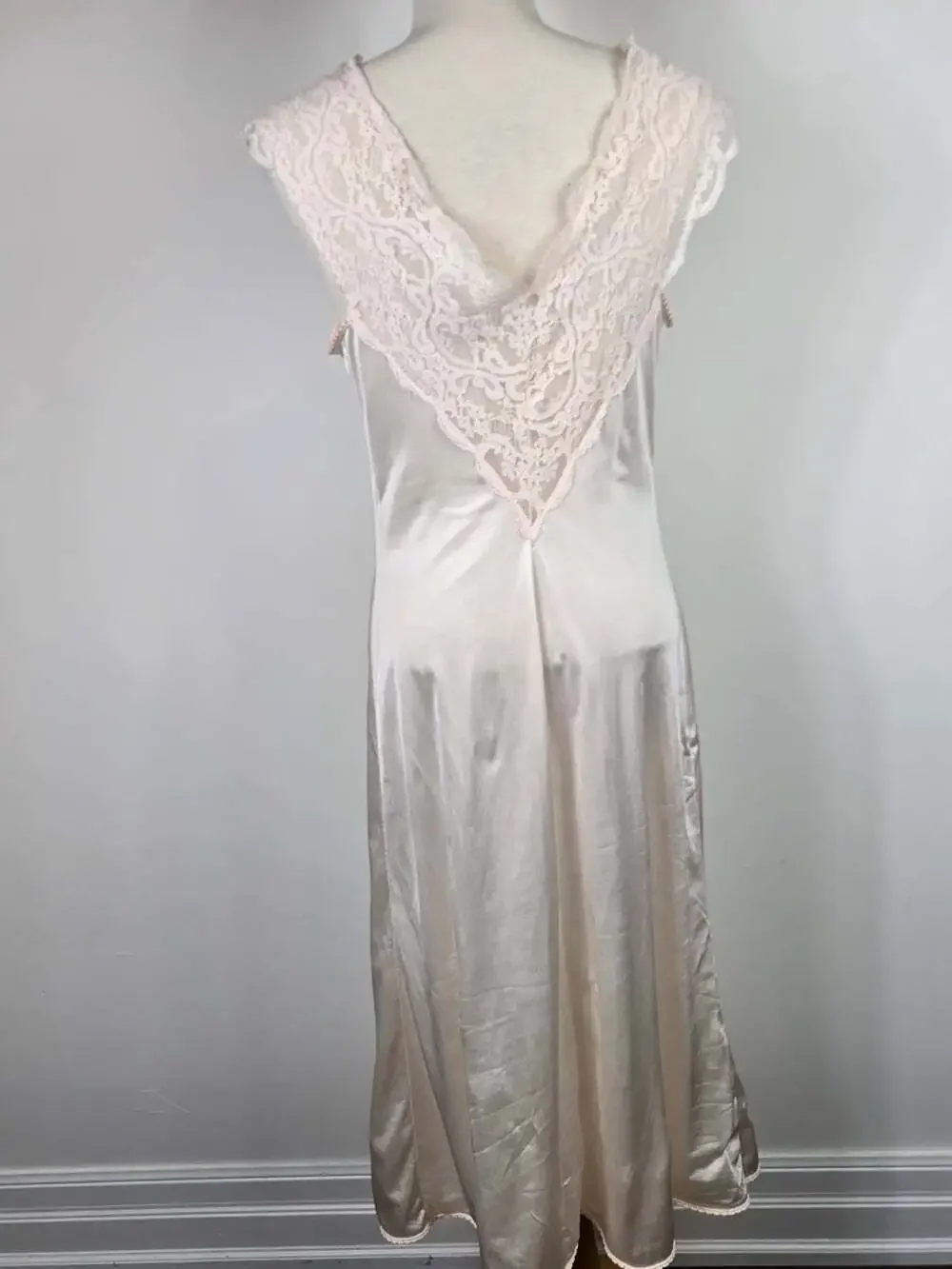 Vintage Pink Satin Nightgown Lace Midi Slip Dress Romantic Lingerie Small